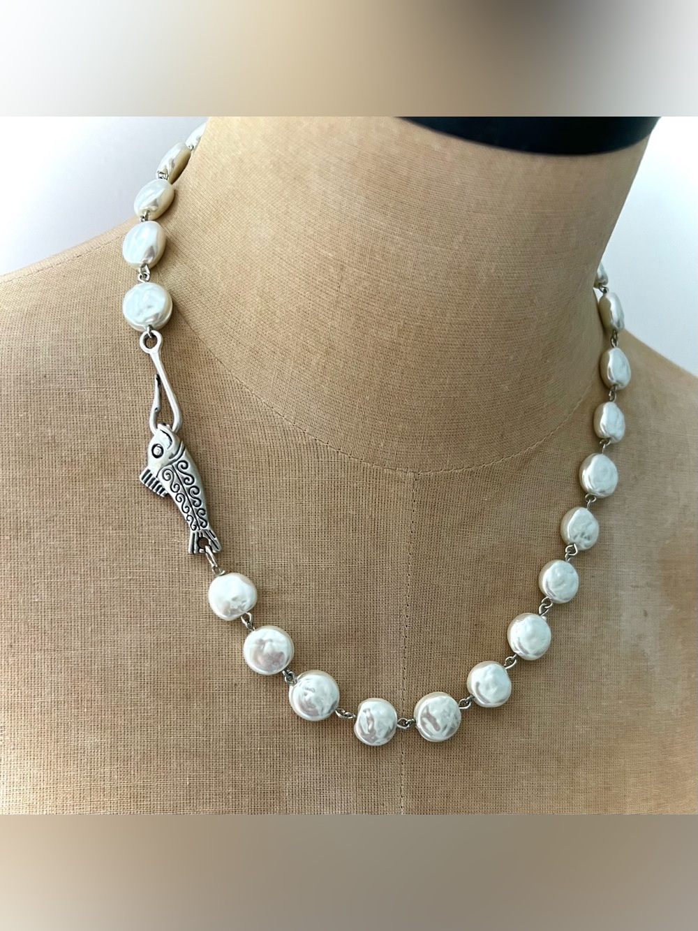 NEW Artisan Silver Fish & Hook on Vintage Glass  Pearl Necklace